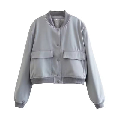 Women’s Bomber Jacket – Relaxed Fit – Cropped Length – Button Front – Ribbed Trim