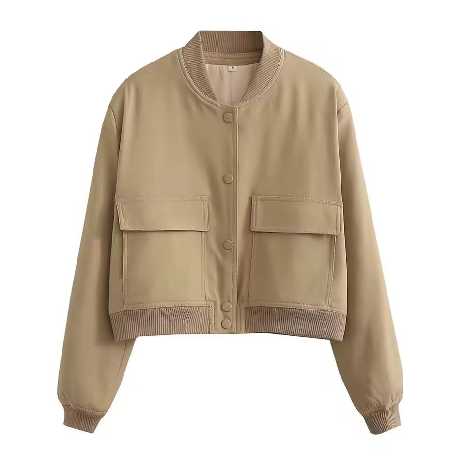 Women’s Bomber Jacket – Relaxed Fit – Cropped Length – Button Front – Ribbed Trim