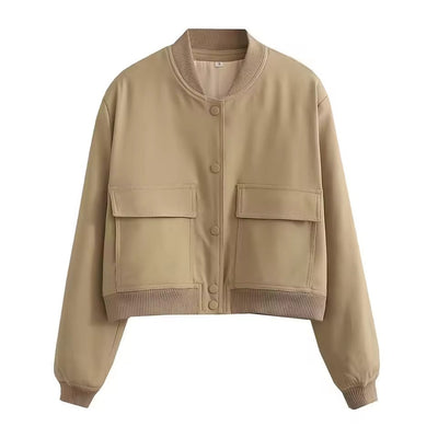 Women’s Bomber Jacket – Relaxed Fit – Cropped Length – Button Front – Ribbed Trim