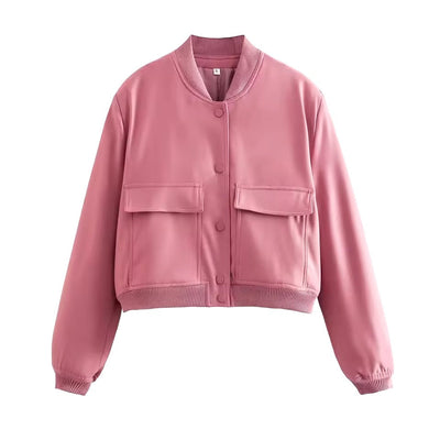 Women’s Bomber Jacket – Relaxed Fit – Cropped Length – Button Front – Ribbed Trim
