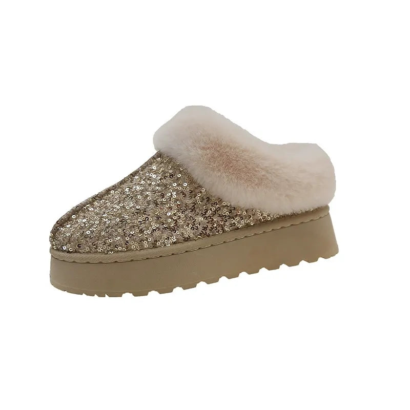 Women’s Snow Boots – Sequin Exterior – Plush Fur Lined – Ankle Height – Thick Sole