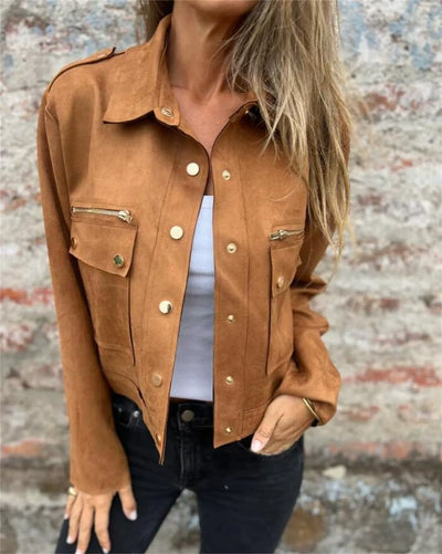 Women’s Suede Jacket – Tailored Fit – Lapel Collar – Zip Pockets – Long Sleeve