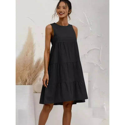 Women’s Midi Dress – Sleeveless Loose Fit – A-Line Tiered Ruffle – Cotton Linen Feel