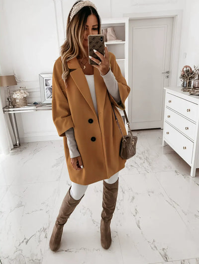 Women’s Wool Coat – Oversized Fit – Three-Quarter Sleeve – Knee Length – Lapel Collar