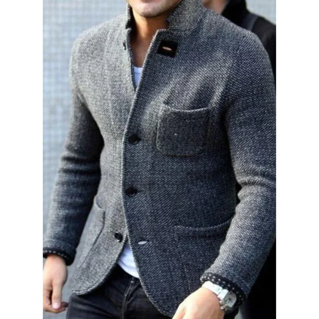 Men’s Blazer – Tailored Fit – Textured Wool – Stand Collar – Button Down Pockets