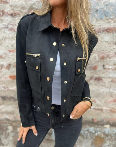Women’s Suede Jacket – Tailored Fit – Lapel Collar – Zip Pockets – Long Sleeve