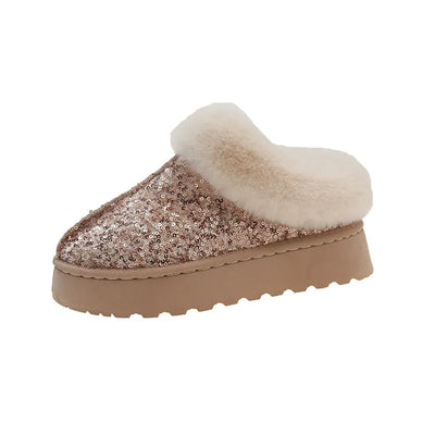 Women’s Snow Boots – Sequin Exterior – Plush Fur Lined – Ankle Height – Thick Sole