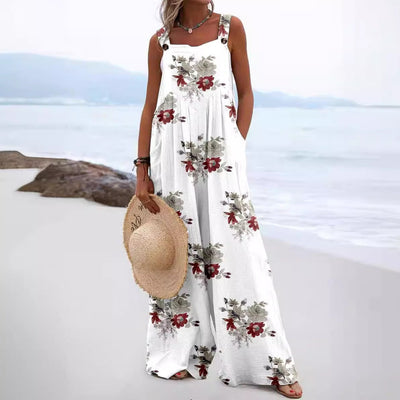 Women’s Jumpsuit – Relaxed Fit – Wide Leg – Sleeveless Cotton – Floral Print – Button Strap