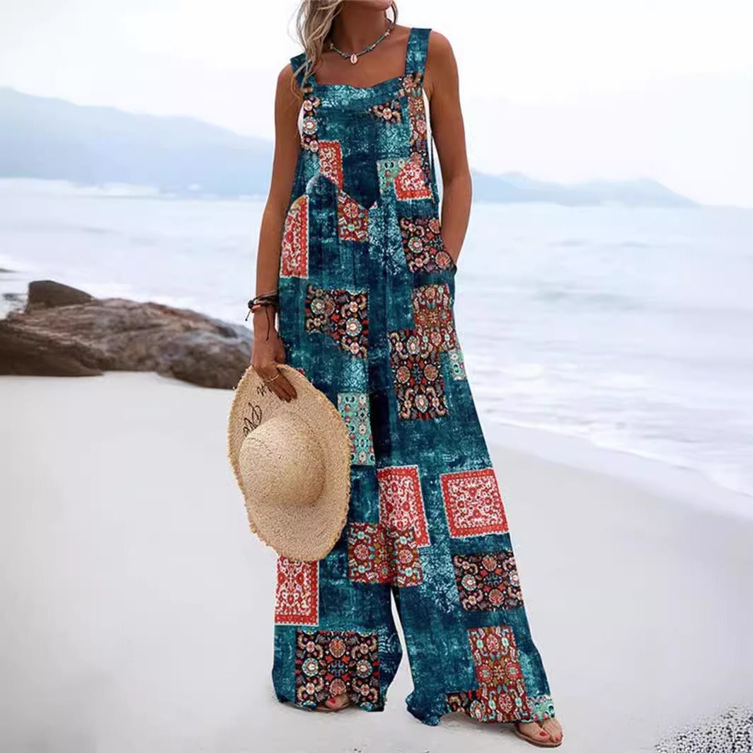 Women’s Jumpsuit – Relaxed Fit – Wide Leg – Sleeveless Cotton – Floral Print – Button Strap