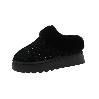 Women’s Snow Boots – Sequin Exterior – Plush Fur Lined – Ankle Height – Thick Sole