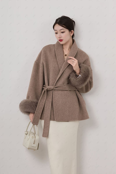 Women’s Short Coat – Wool Blend – Wrap Fit – Belted Waist – Shawl Collar – Detachable Cuffs