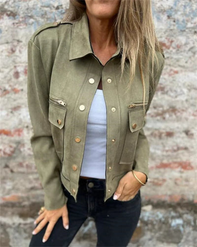 Women’s Suede Jacket – Tailored Fit – Lapel Collar – Zip Pockets – Long Sleeve