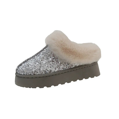 Women’s Snow Boots – Sequin Exterior – Plush Fur Lined – Ankle Height – Thick Sole