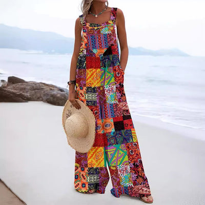 Women’s Jumpsuit – Relaxed Fit – Wide Leg – Sleeveless Cotton – Floral Print – Button Strap