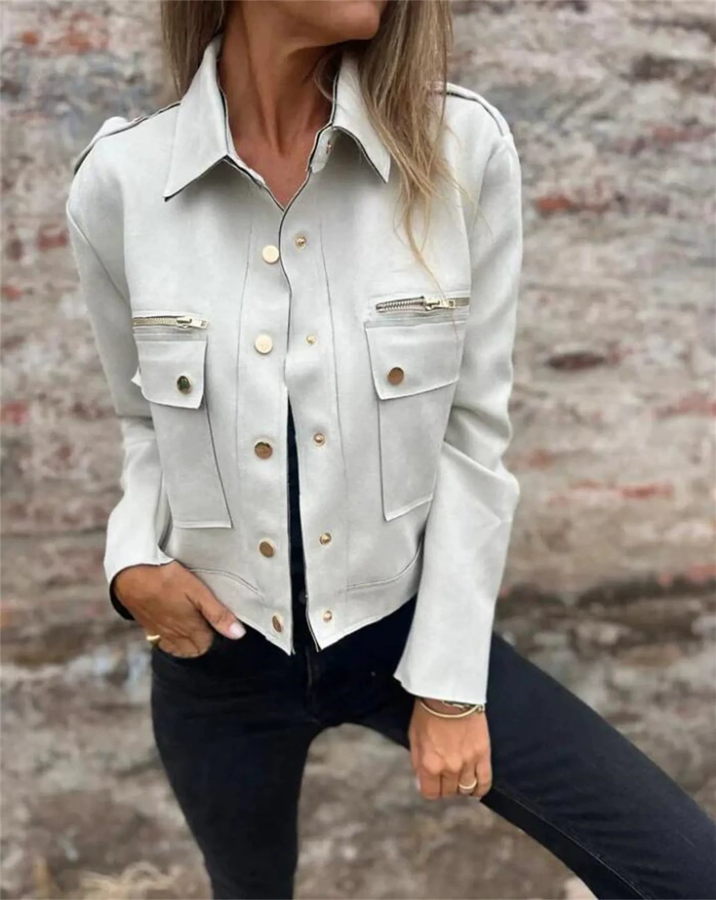 Women’s Suede Jacket – Tailored Fit – Lapel Collar – Zip Pockets – Long Sleeve