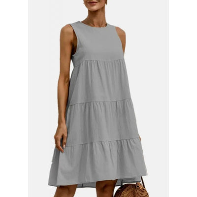 Women’s Midi Dress – Sleeveless Loose Fit – A-Line Tiered Ruffle – Cotton Linen Feel
