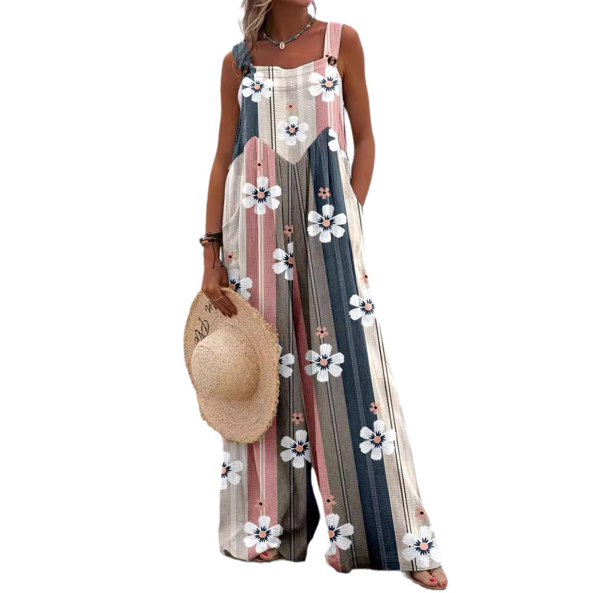 Women’s Jumpsuit – Relaxed Fit – Wide Leg – Sleeveless Cotton – Floral Print – Button Strap