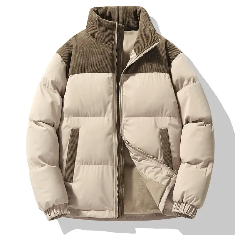 Men’s Padded Jacket – Oversized Fit – Quilted Texture – Corduroy Trim – High Collar