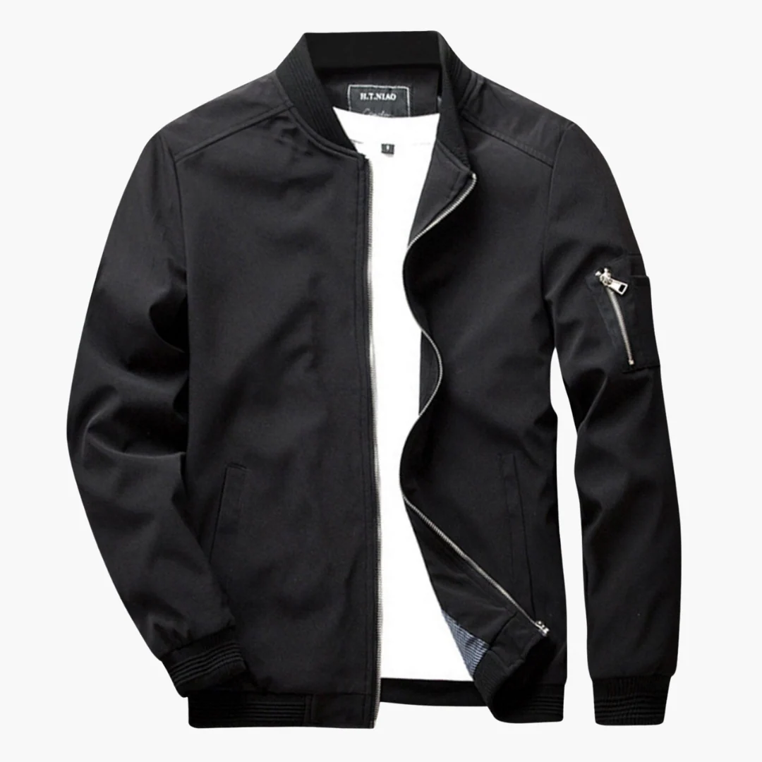 Men’s Bomber Jacket – Regular Fit – Smooth Synthetic Fabric – Zipper Sleeve Pocket – Ribbed Hems