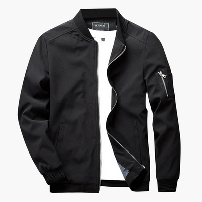 Men’s Bomber Jacket – Regular Fit – Smooth Synthetic Fabric – Zipper Sleeve Pocket – Ribbed Hems