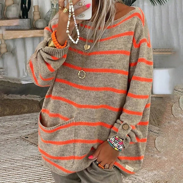 Women’s Pullover Sweatshirt – Oversized Fit – Wool Knit – Striped – Button Cuffs – Pocket