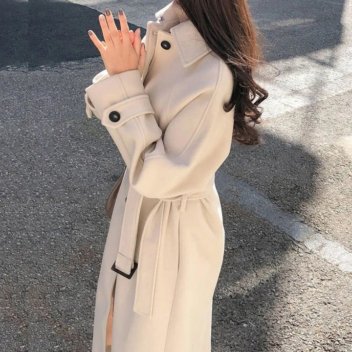 Women’s Trench Coat – Relaxed Fit – Wool Blend – Double-Breasted – Full Length