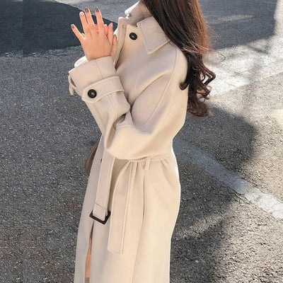 Women’s Trench Coat – Relaxed Fit – Wool Blend – Double-Breasted – Full Length