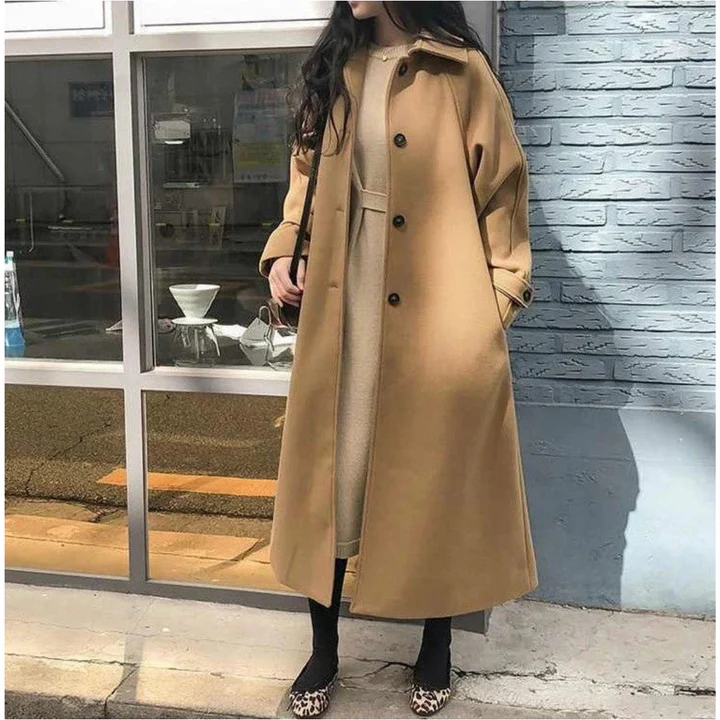 Women’s Trench Coat – Relaxed Fit – Wool Blend – Double-Breasted – Full Length