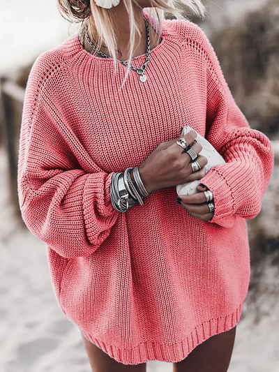 Women’s Pullover Sweatshirt – Oversized Fit – Chunky Knit – Raglan Sleeves – Ribbed Hem
