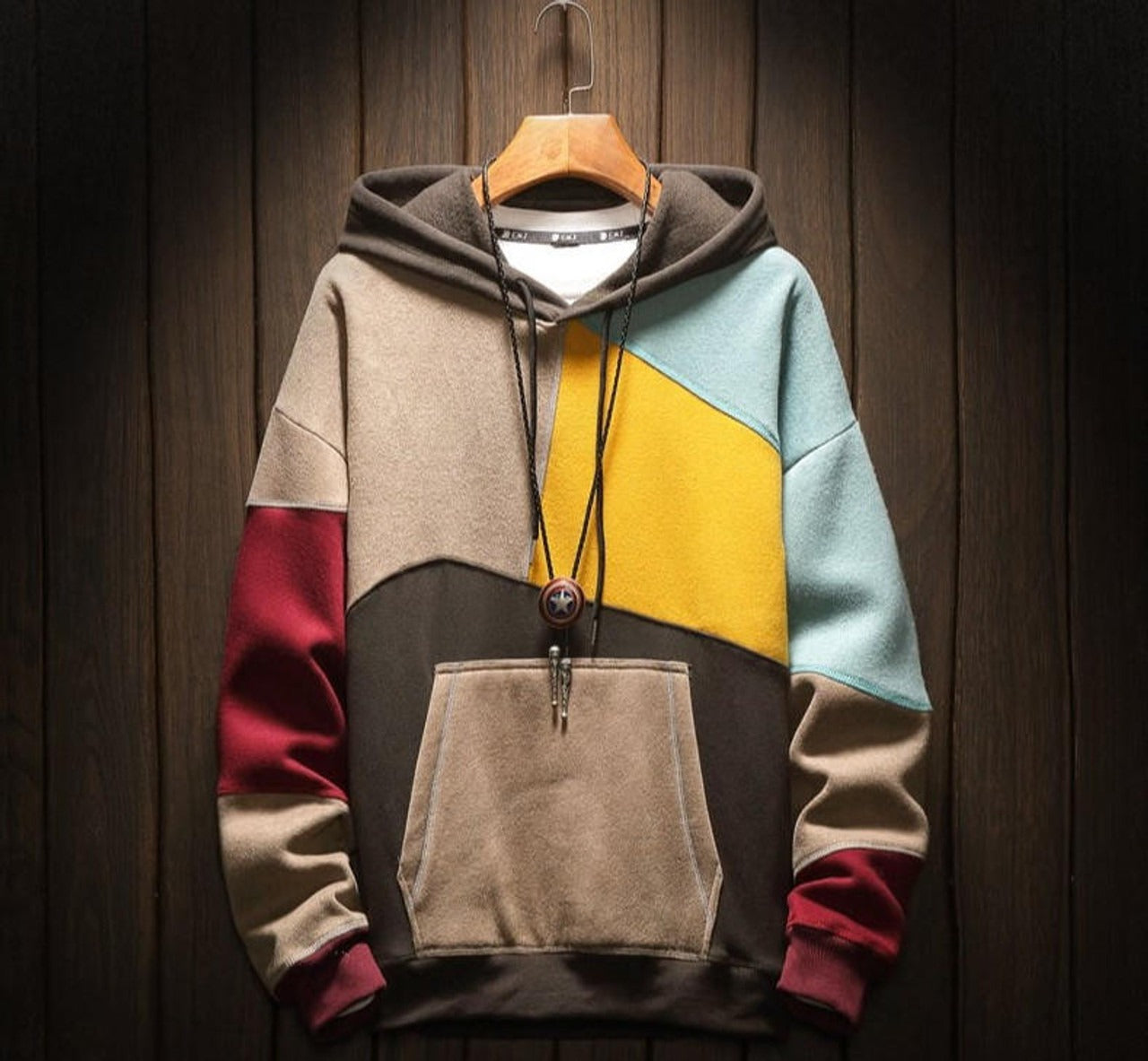 Men’s Hoodie – Fleece – Relaxed Fit – Patchwork Design – Kangaroo Pocket – Casual Wear