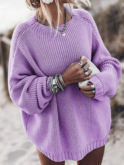 Women’s Pullover Sweatshirt – Oversized Fit – Chunky Knit – Raglan Sleeves – Ribbed Hem