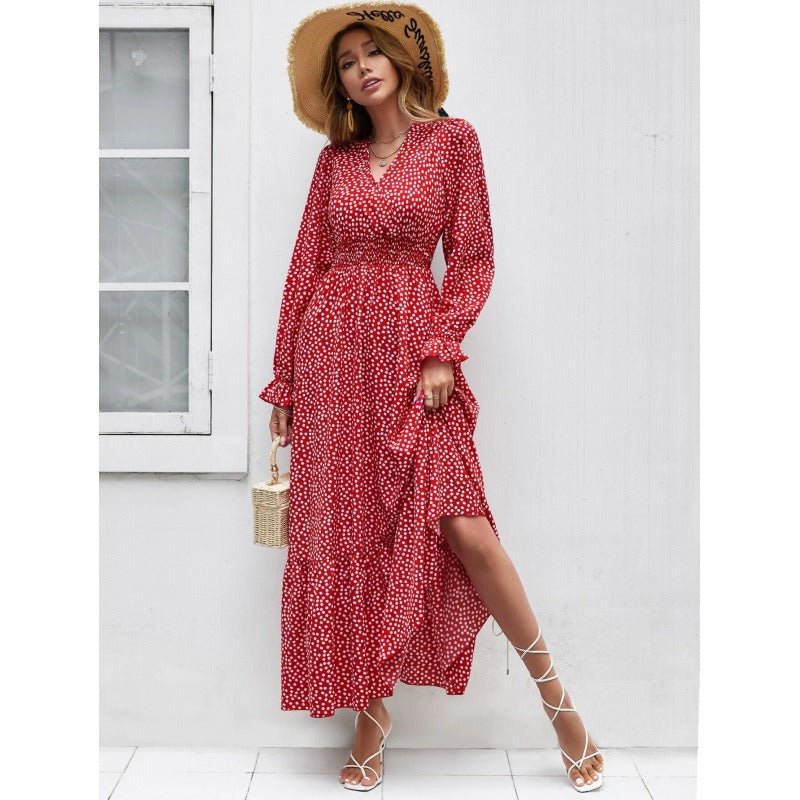 Women’s Midi Dress – V-Neck – Long Sleeve – Polka Dot – Flared Tiered Skirt – Cotton Feel