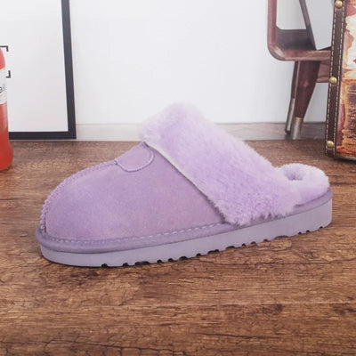 Women’s Slippers – Cowhide Upper – Plush Lining – Slip-On Open Back Indoor Comfort