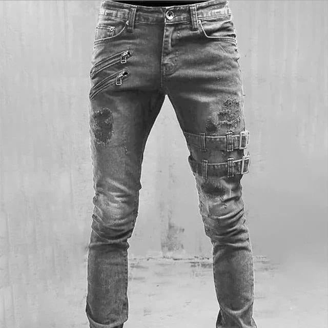 Men’s Slim Fit Jeans – Distressed Denim – Zipper Details – Gothic Buckle Accents
