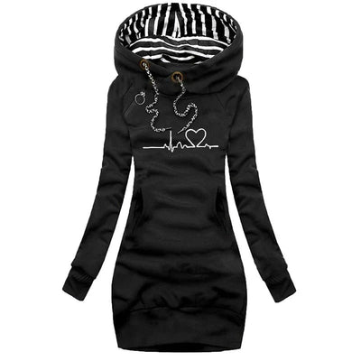 Women’s Hoodie Dress – Slim Fit – Cotton Blend – Long Sleeve – Graphic Print – Pockets
