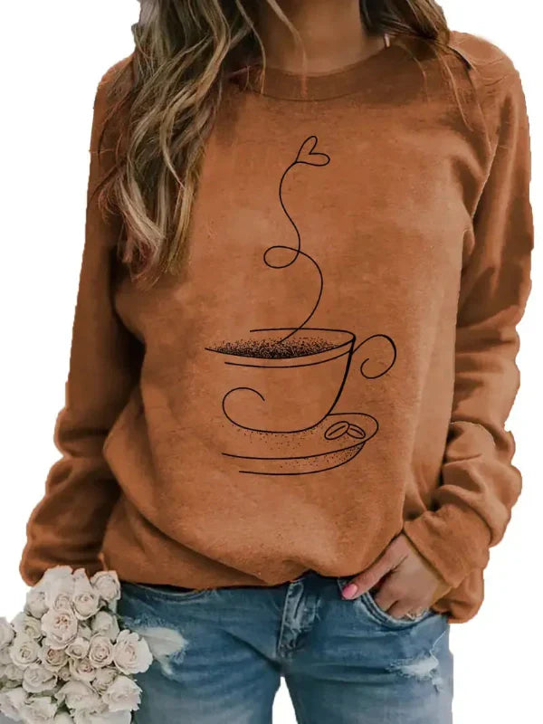 Women’s Sweatshirt – Relaxed Fit – Cotton Blend – Crew Neck – Coffee Cup Graphic