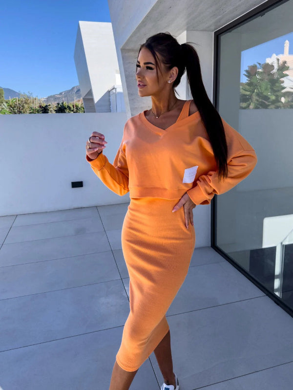 Women’s Sweatshirt Dress Set – Cotton Blend – Slim Fit – V-Neck Top – Midi Skirt