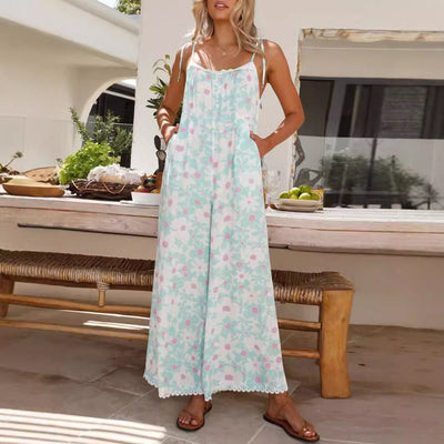 Women’s Jumpsuit – Relaxed Fit Wide-Leg – Breathable Cotton – Floral Print – Lace Trim