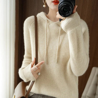 Women’s Hooded Pullover – Wool Blend – Relaxed Fit – Ribbed Hem – Long Sleeve