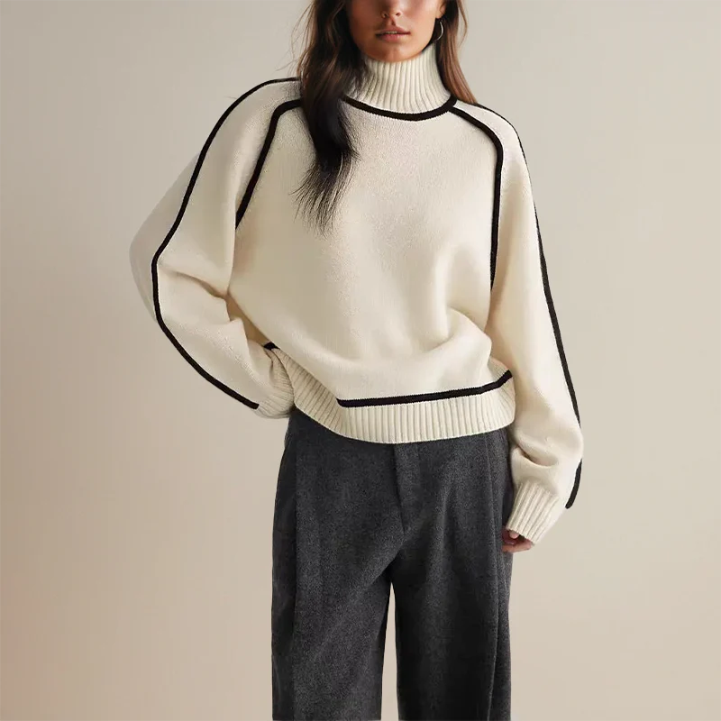 Women’s Turtleneck Sweater – Soft Knit Wool – Oversized Fit – Ribbed Trim Design
