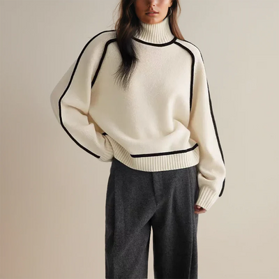 Women’s Turtleneck Sweater – Soft Knit Wool – Oversized Fit – Ribbed Trim Design