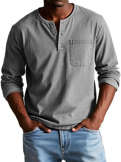 Men’s Long Sleeve Top – Classic Fit – Cotton Feel – Crew Neck with Button Placket – Chest Pocket