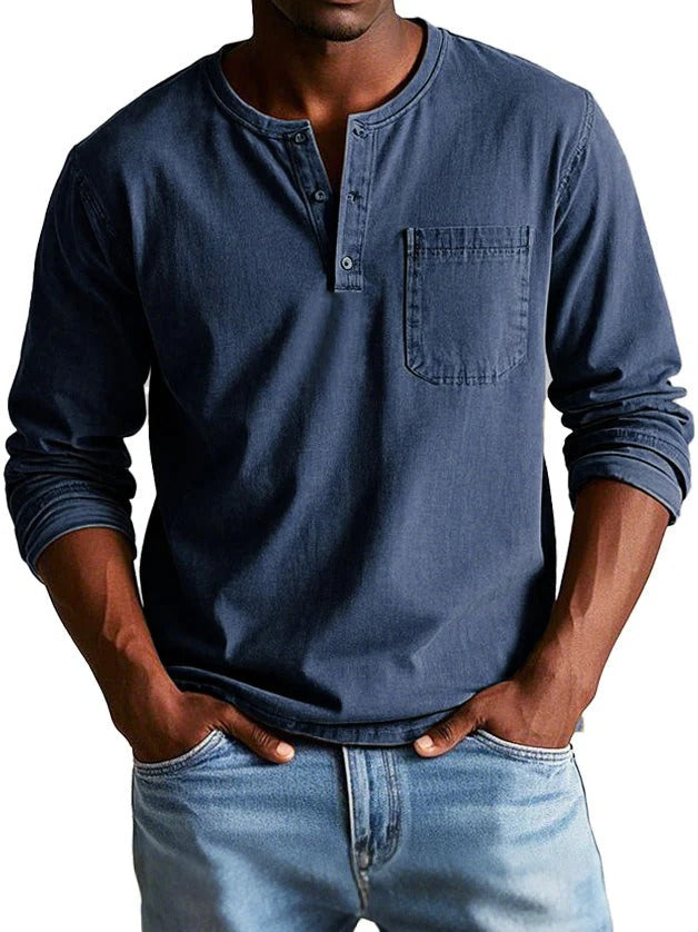 Men’s Long Sleeve Top – Classic Fit – Cotton Feel – Crew Neck with Button Placket – Chest Pocket