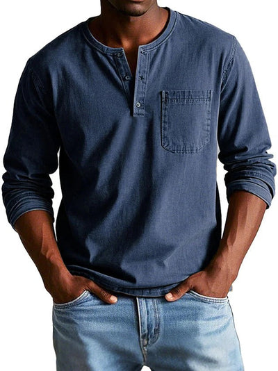 Men’s Long Sleeve Top – Classic Fit – Cotton Feel – Crew Neck with Button Placket – Chest Pocket