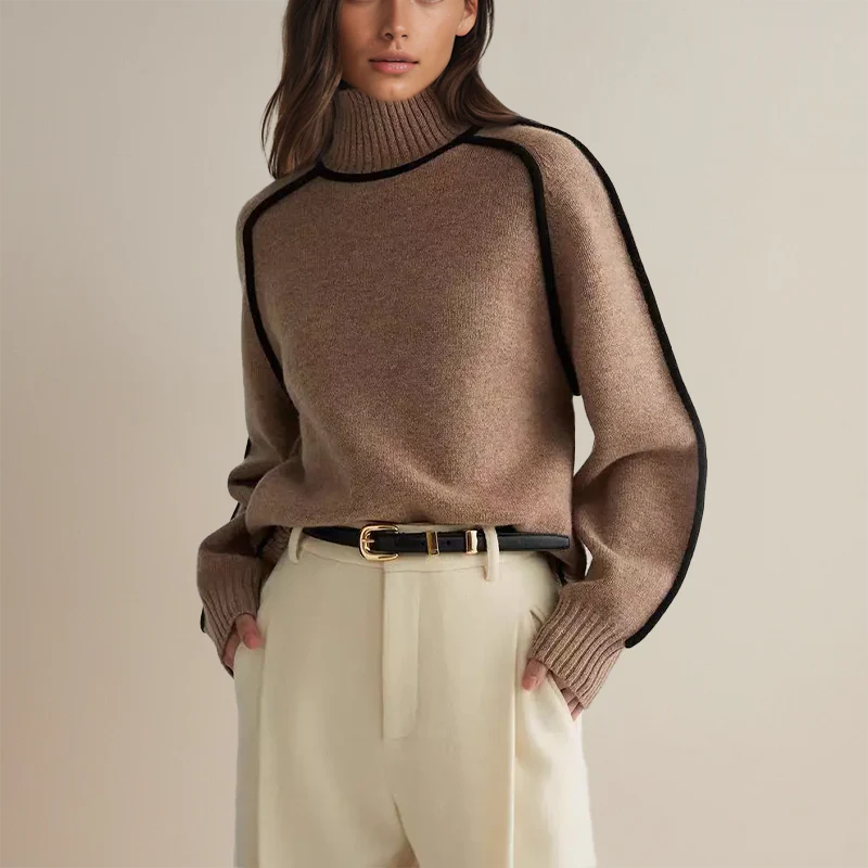 Women’s Turtleneck Sweater – Soft Knit Wool – Oversized Fit – Ribbed Trim Design