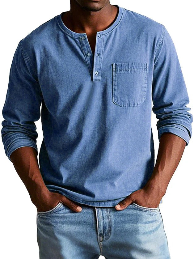 Men’s Long Sleeve Top – Classic Fit – Cotton Feel – Crew Neck with Button Placket – Chest Pocket