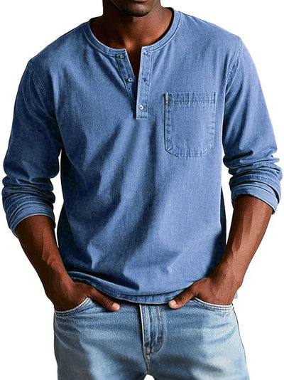 Men’s Long Sleeve Top – Classic Fit – Cotton Feel – Crew Neck with Button Placket – Chest Pocket