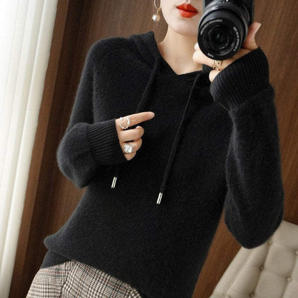 Women’s Hooded Pullover – Wool Blend – Relaxed Fit – Ribbed Hem – Long Sleeve
