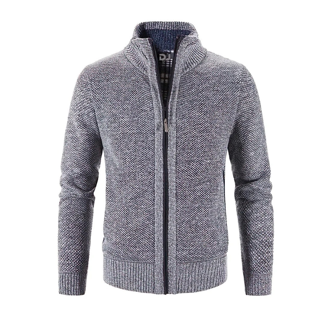 Men’s Zip-Up Cardigan – Slim Fit – Wool Knit – Ribbed Cuffs – Contrast Trim