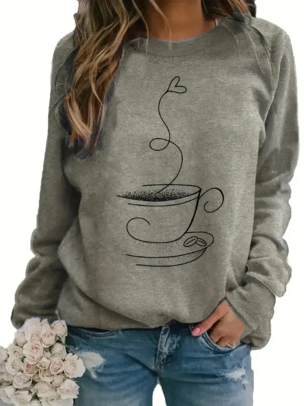 Women’s Sweatshirt – Relaxed Fit – Cotton Blend – Crew Neck – Coffee Cup Graphic